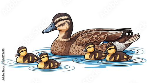 Mother Duck and Ducklings Swimming Together on Water
