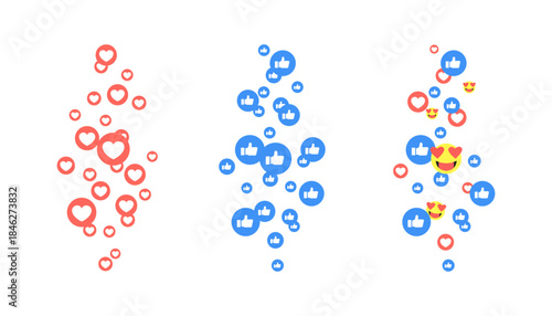 Likes to fly up for stories and live broadcasts. Blue, red bubble with a thumbs up on social media. Set of social media reaction icons - floating hearts, thumbs up. 