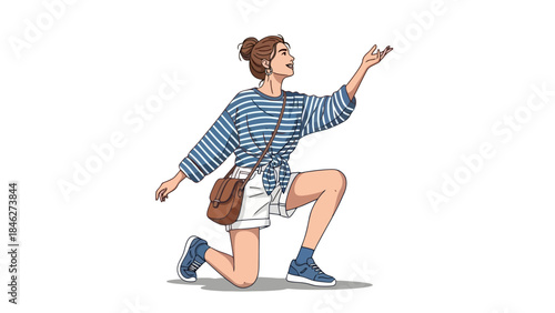 Woman in Casual Outfit Kneeling with Hand Extended, Vector Illustration