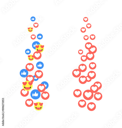Flying red hearts, blue like and loving faces isolated on white background. A stream of symbols that gradually disappears. The concept of social networks and live broadcasts