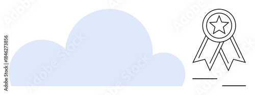 Data storage, achievement recognition, online services, technology innovation, cloud computing, certification. Blue cloud icon and award ribbon. Cloud computing and achievement recognition concept