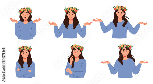 Young woman in a flower crown displaying a range of emotions and gestures, including shrugging, thinking, and surprise, on a white background.
