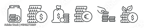Coins thin line icon set. Web minimal editable stroke icons