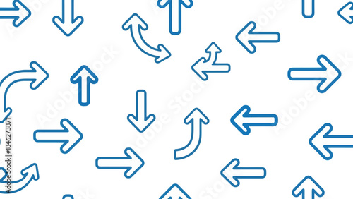 Seamless Pattern of Various Blue Arrows on a White Background, Vector Illustration