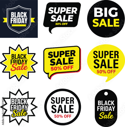 A set of nine vector-style promotional badges and stickers for Black Friday and Super Sale events, featuring various shapes and designs.