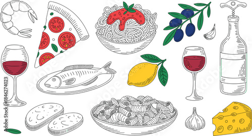 A vibrant hand-drawn vector set of Italian food and drink, featuring colored pizza, pasta, shrimp, fish, wine, olives, and cheese, perfect for restaurant menus and culinary graphics.