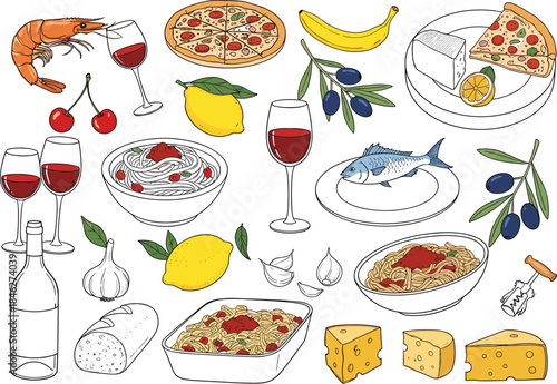 A comprehensive vector set of black outline Italian and gourmet food, featuring colored pizza, pasta, shrimp, fish, wine, olives, and various cheeses, perfect for restaurant menus and culinary art.