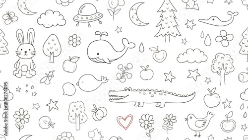 Cute Doodle Pattern: Whimsical Animals, Nature Elements, and Celestial Objects Seamless