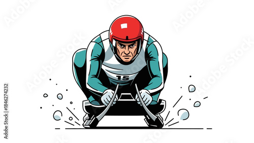 Skeleton Racer Speeding Downhill on Sled, Intense Competition and Winter Sport Action