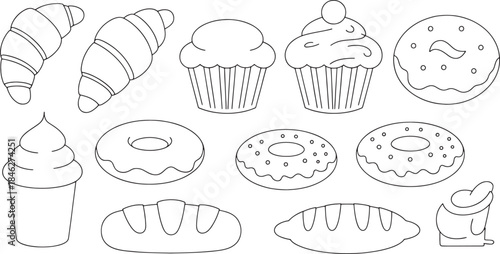 Collection of black and white line art bakery items including croissants donuts cupcakes and bread pastry