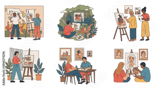 Diverse People Enjoying Art and Creativity in Various Artistic Settings
