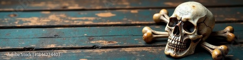 Close-up of weathered skull and crossbones on wood , warning, wooden background, worn