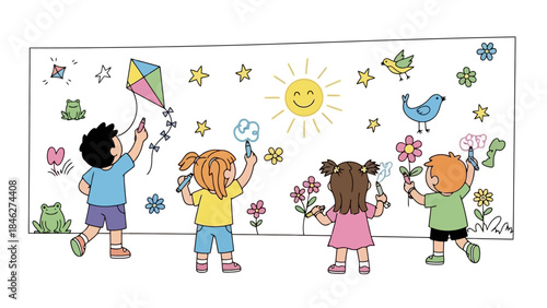 Children Drawing and Painting a Colorful Mural Together on a Large Whiteboard