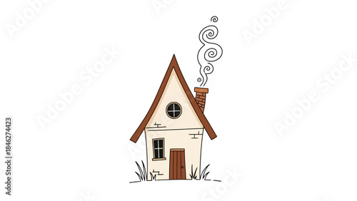 Charming Cartoon House with Smoke from Chimney, Cozy Home Illustration