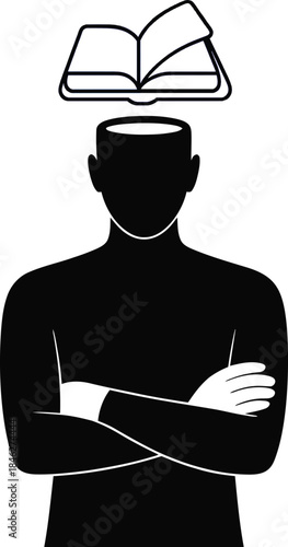A black silhouette of a person with crossed arms and an empty head, featuring an open book icon floating above it, symbolizing learning and knowledge acquisition.
