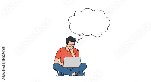 A young man sits cross-legged, looking thoughtfully at his laptop with an empty thought bubble above his head, suggesting concentration or problem-solving.