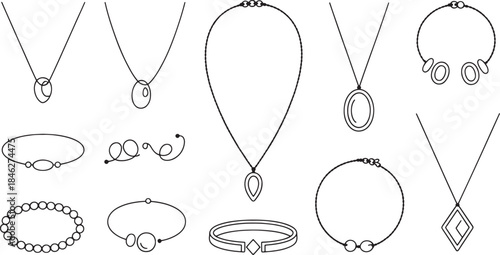 Collection of black line art jewelry necklaces and bracelets on white accessory fashion