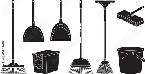 Collection of black silhouette cleaning tools including brooms dustpan mop bucket and sponge household