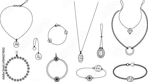 Collection of hand drawn black and white jewelry items and accessories necklace bracelet