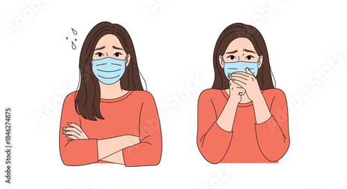 A set of illustrations showing a young woman wearing a medical face mask, expressing distress and concern with various body language.