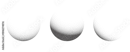 Three Halftone Spheres with Gradient Dot Density on White Background