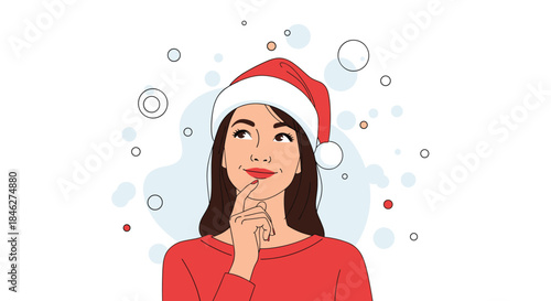 A thoughtful young woman wearing a Santa hat, looking up with a pensive expression, surrounded by abstract festive elements.