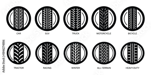 Tire Tread Types for Different Vehicles Vector Illustration, Car, SUV, Truck, Motorcycle, Bicycle