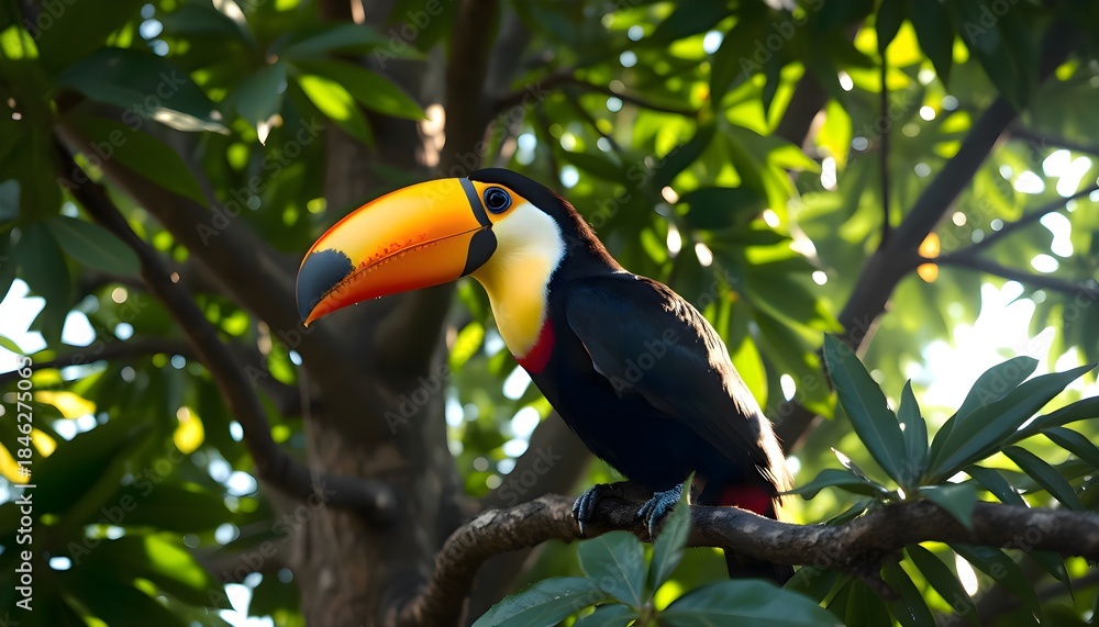 Obraz premium Toucan perched on a tree branch in a natural outdoor environment, showing colorful beak and feathers, suitable for exotic wildlife, tropical nature, and animal photography