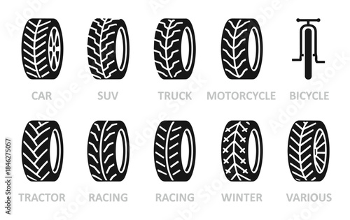 Tire Types Vector Set Car SUV Truck Motorcycle and Racing Wheel Tread Patterns