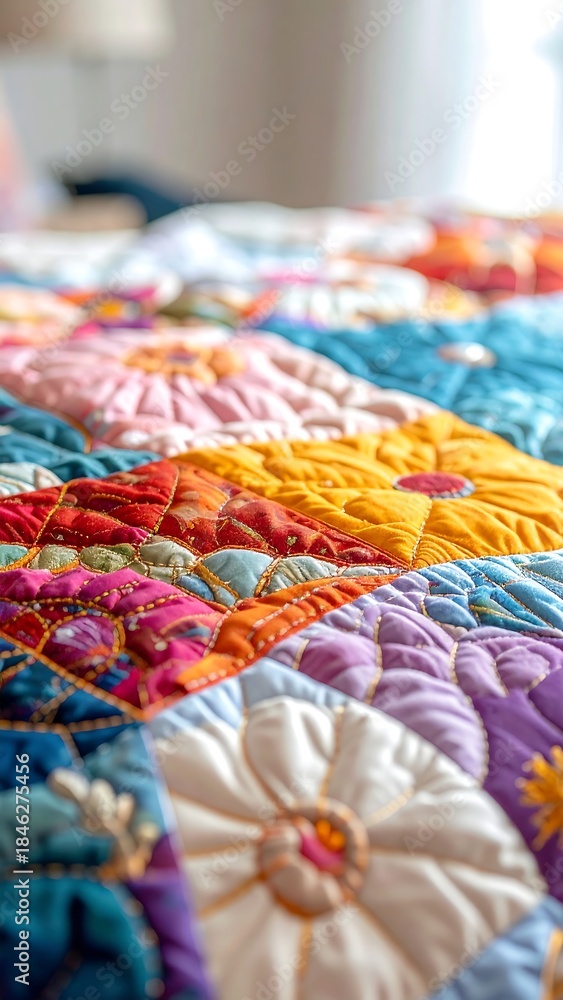 Fototapeta premium Close-up of a colorful, patterned quilt with flower-like designs on a bed