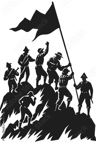 A black silhouette illustration showing a group of individuals planting a flag on a mountain peak.
