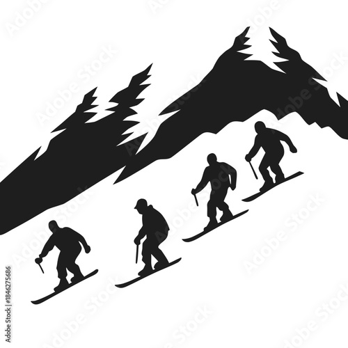 Four black silhouettes of skiers descending a snow-covered mountain peak