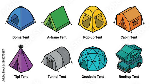 Types of Tents: Doma, A-frame, Pop-up, Cabin, Tipi, Tunnel, Geodesic, and Rooftop Tent illustrations