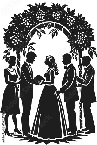 Silhouette of a wedding ceremony with bride, groom, and wedding party under a floral arch