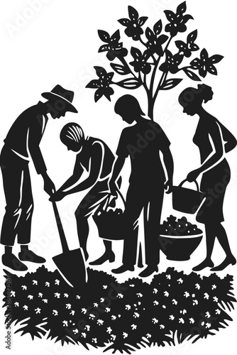 Four people working together in a garden, collecting a bountiful harvest from the field
