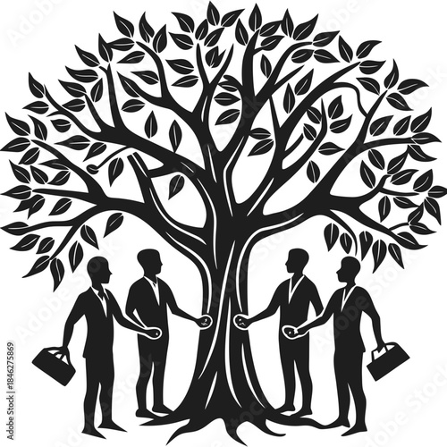 Four businessmen connecting with a large tree silhouette representing collaboration and growth.