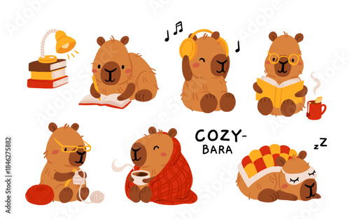 Cozy Capybara Hygge Set with Coffee, Books, Knitting and Relaxing Home Activities, Cute Flat Vector Cartoon Stickers Collection