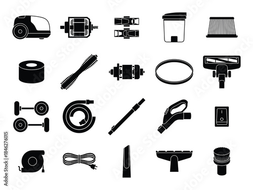 Vacuum Cleaner Parts Icon Set, Black Silhouette Collection