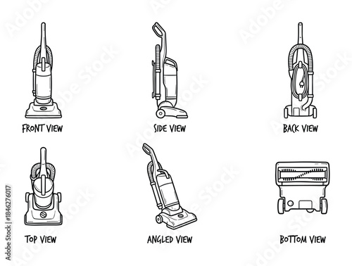 Vacuum Cleaner Views Line Art Illustration: Front, Side, Back, Top, Angled, Bottom