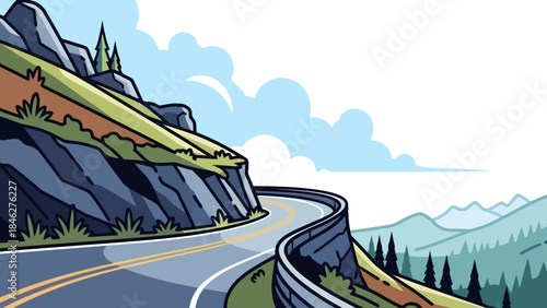 Stylized Vector Illustration of a Winding Mountain Road with Trees and Clouds