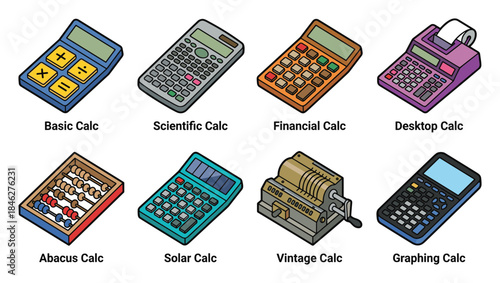 Variety of Calculators Illustration: Basic, Scientific, Financial, Desktop, Abacus, Solar, Vintage, and Graphing Styles