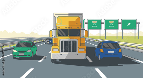A large yellow semi-truck dominates a multi-lane highway, surrounded by diverse cars, illustrating modern road transportation, logistics, and efficient traffic flow.