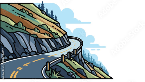 Stylized Winding Mountain Road Carving Through Scenic Landscape with Trees