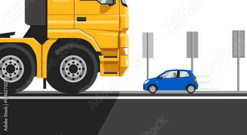 A massive yellow truck shares a highway with a small, rapidly moving blue car, vividly illustrating the significant size contrast between different road vehicles.