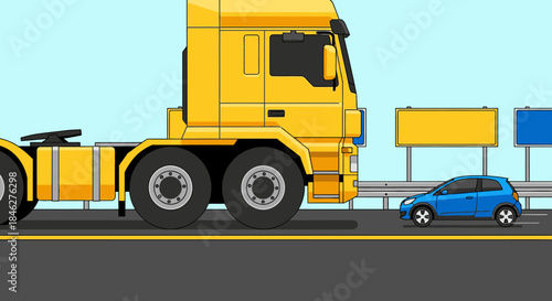 A large yellow semi-truck drives alongside a small blue car on a highway, illustrating concepts of transportation, scale, and road safety.