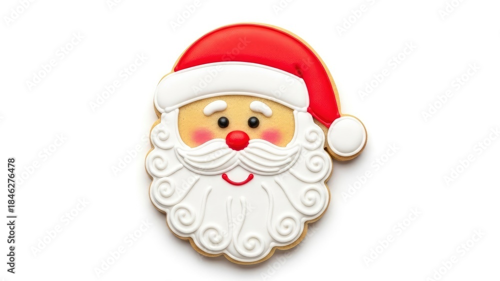 Obraz premium Delicious Santa Claus gingerbread cookie with intricate icing details, perfect for Christmas celebrations and holiday treats on a white background.