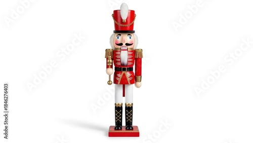 Classic wooden nutcracker soldier in a red uniform, standing upright on a white background. A festive symbol of Christmas and holiday traditions.
