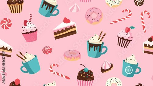 Sweet Delights: A Whimsical Seamless Pattern of Colorful Desserts on Pink