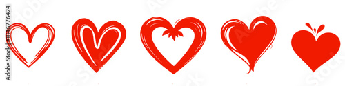 Set of red hand drawn heart shapes representing love romance and Valentine’s Day isolated on white background artistic brush style illustration.
