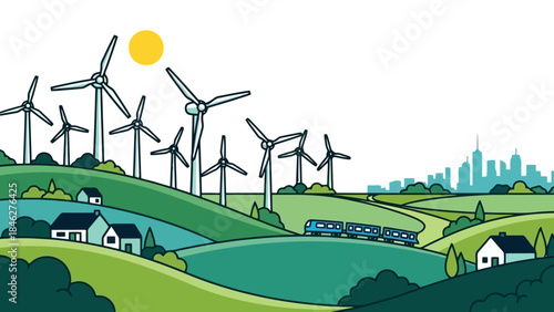 Sustainable Green Energy Landscape with Wind Turbines, Train, and City Skyline
